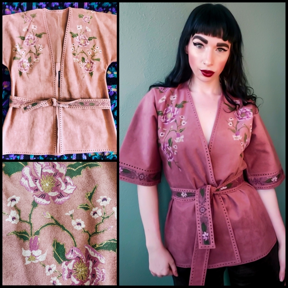 Vintage 1970s Bell Sleeve Mauve Hand Painted Jacket | 70s Pink Kimono Jacket